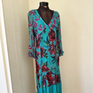 FarmRio Bohemian Maxi Chiffon Dress in Teal, size XL